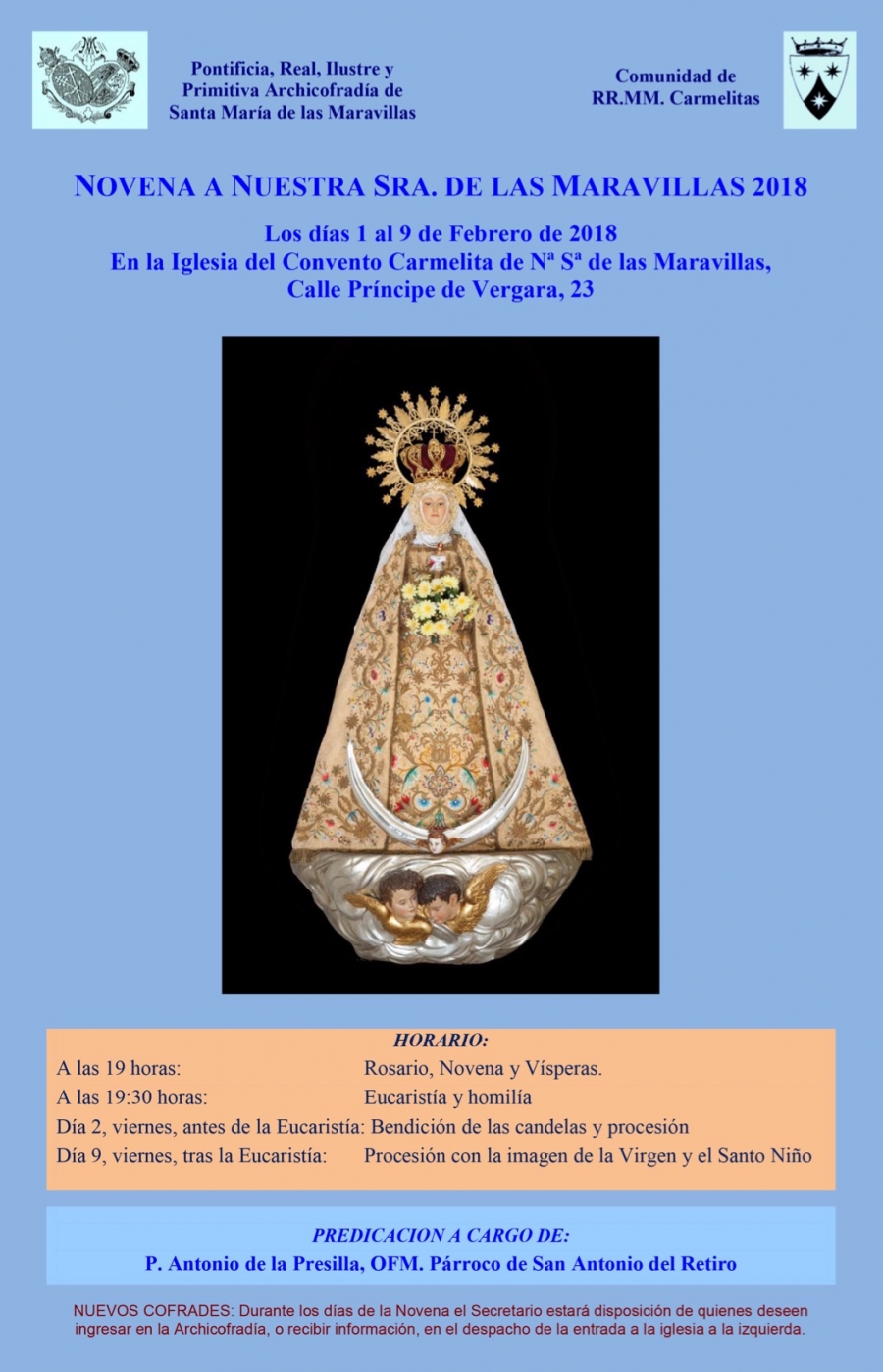 Las carmelitas de Príncipe de Vergara programan una novena en honor a Nuestra Señora de las Maravillas