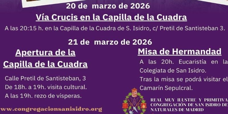 La Congregaci&oacute;n de San Isidro de Madrid celebra sus actos mensuales: visita a la Capilla de la Cuadra del santo, misa en la Colegiata y oraci&oacute;n en la Capilla de la Inmaculada