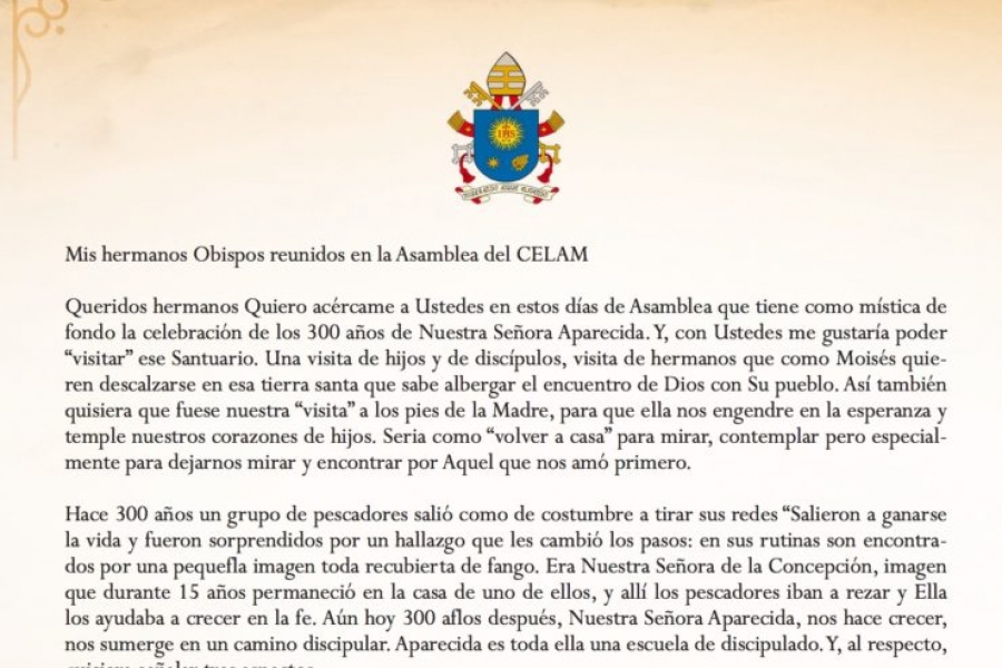 El Santo Padre env&iacute;a un mensaje al CELAM reunido en plenaria