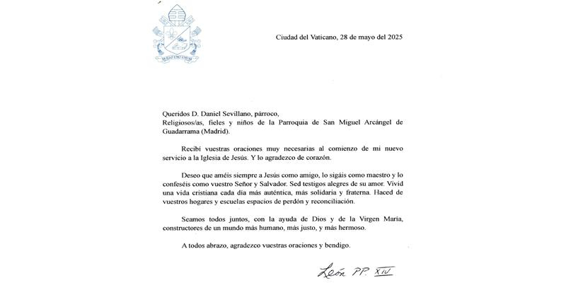El Papa Le&oacute;n XIV env&iacute;a una carta a los ni&ntilde;os de la parroquia San Miguel Arc&aacute;ngel de Guadarrama: &laquo;Seamos todos juntos constructores de un mundo m&aacute;s humano, m&aacute;s justo, y m&aacute;s hermoso&raquo;